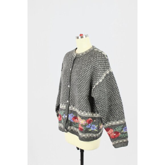 Vintage 00's ICELANDIC DESIGNS 100% Wool Knit Birdseye Floral Cardigan, Size M - Picture 4 of 15